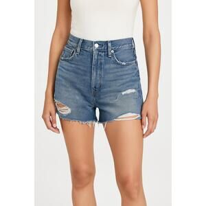 Moussy Womens Blue Distressed Highwaisted Frayed Hem Denim Shorts Size 28
